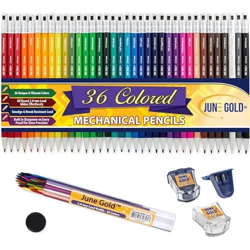 June Gold 36 Colored 2.0 mm Mechanical Pencils with Refills & Sharpeners | Creative Art & Craft Tool thumbnail 1