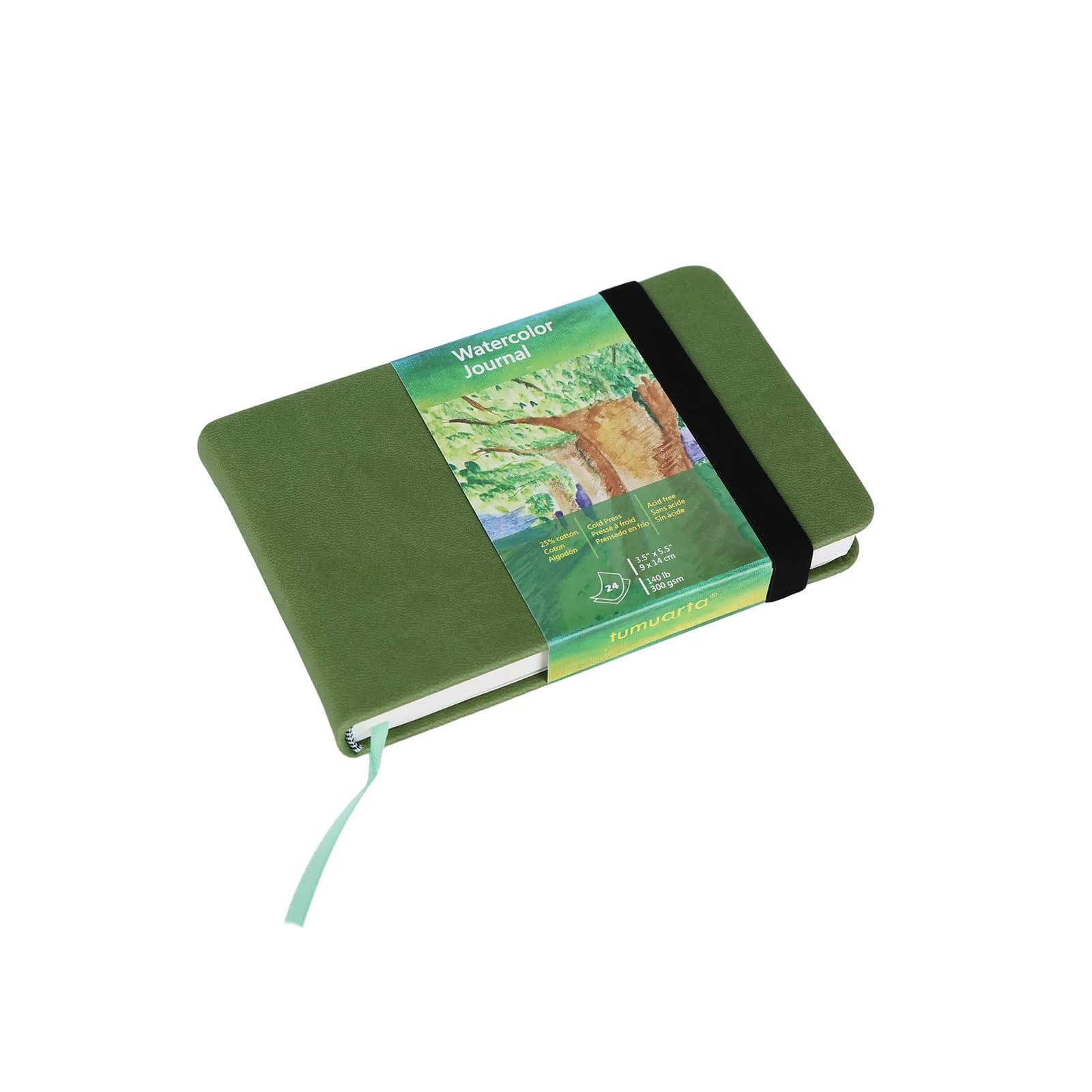 tumuarta Cotton Watercolor Paper Journal 3.5x5.5” | 300 GSM, Cold Press, 24 Sheets — Green