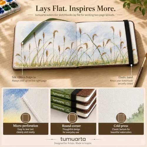 tumuarta Watercolor Journal 3.5x5.5” | 140 LB Cotton Paper, Cold Press, 24 Sheets thumbnail 3