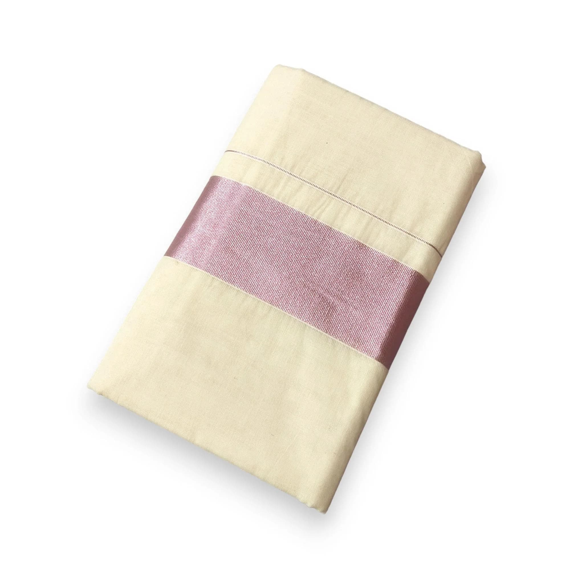 TEXATION Plain Cotton Kasavu Saree with Running Blouse 5.5m (18.04 ft) | Authentic Kerala Weave for Festivals — Pink