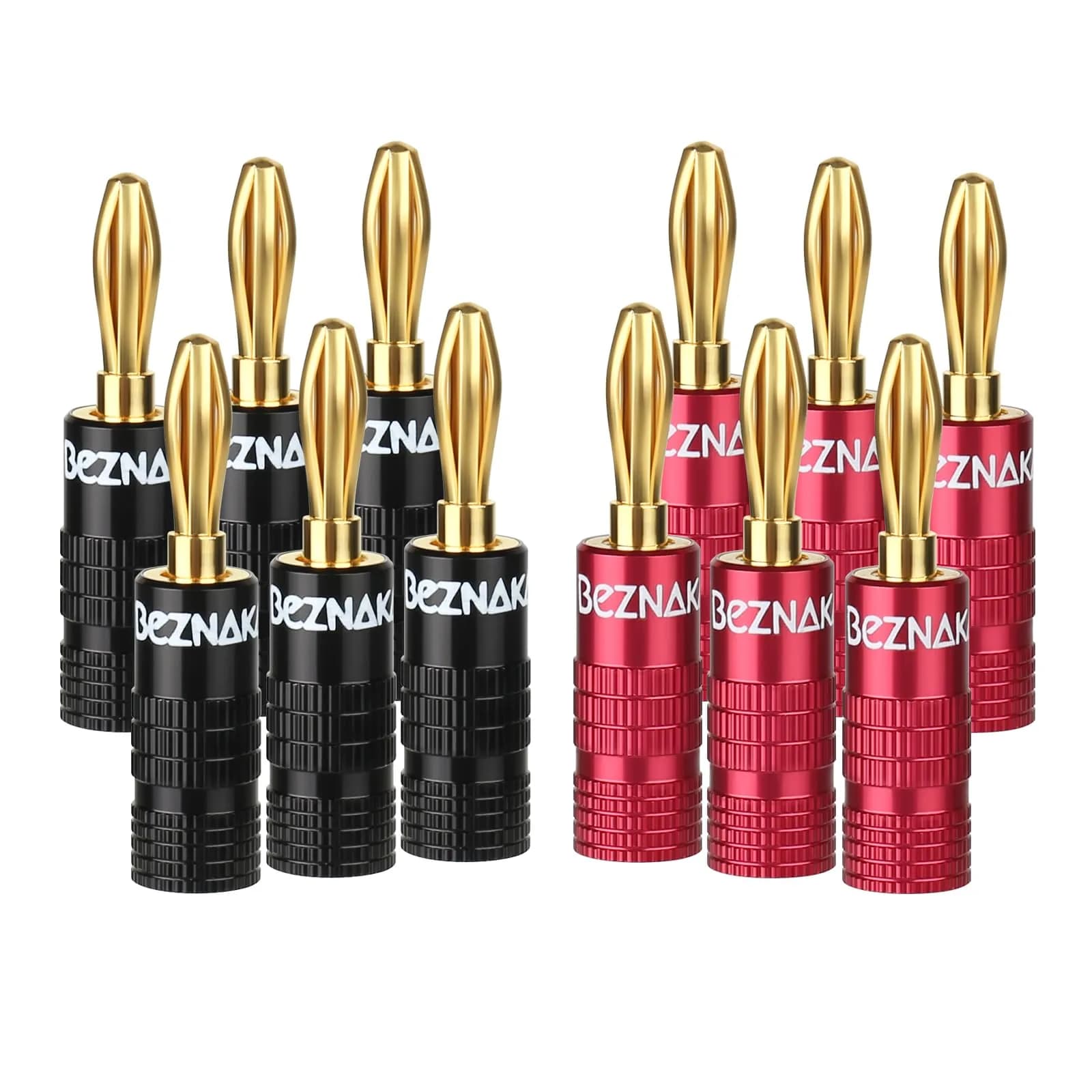 Beznaka Banana Plugs with Dual Set Screws, Black and Red Aluminum Shell, 12-Pack | Gold-Plated Brass Contacts for Pristine Audio — Black and Red