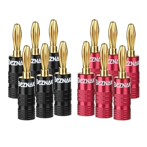 Beznaka Banana Plugs with Dual Set Screws, Black and Red Aluminum Shell, 12-Pack | Gold-Plated Brass Contacts for Pristine Audio thumbnail 1