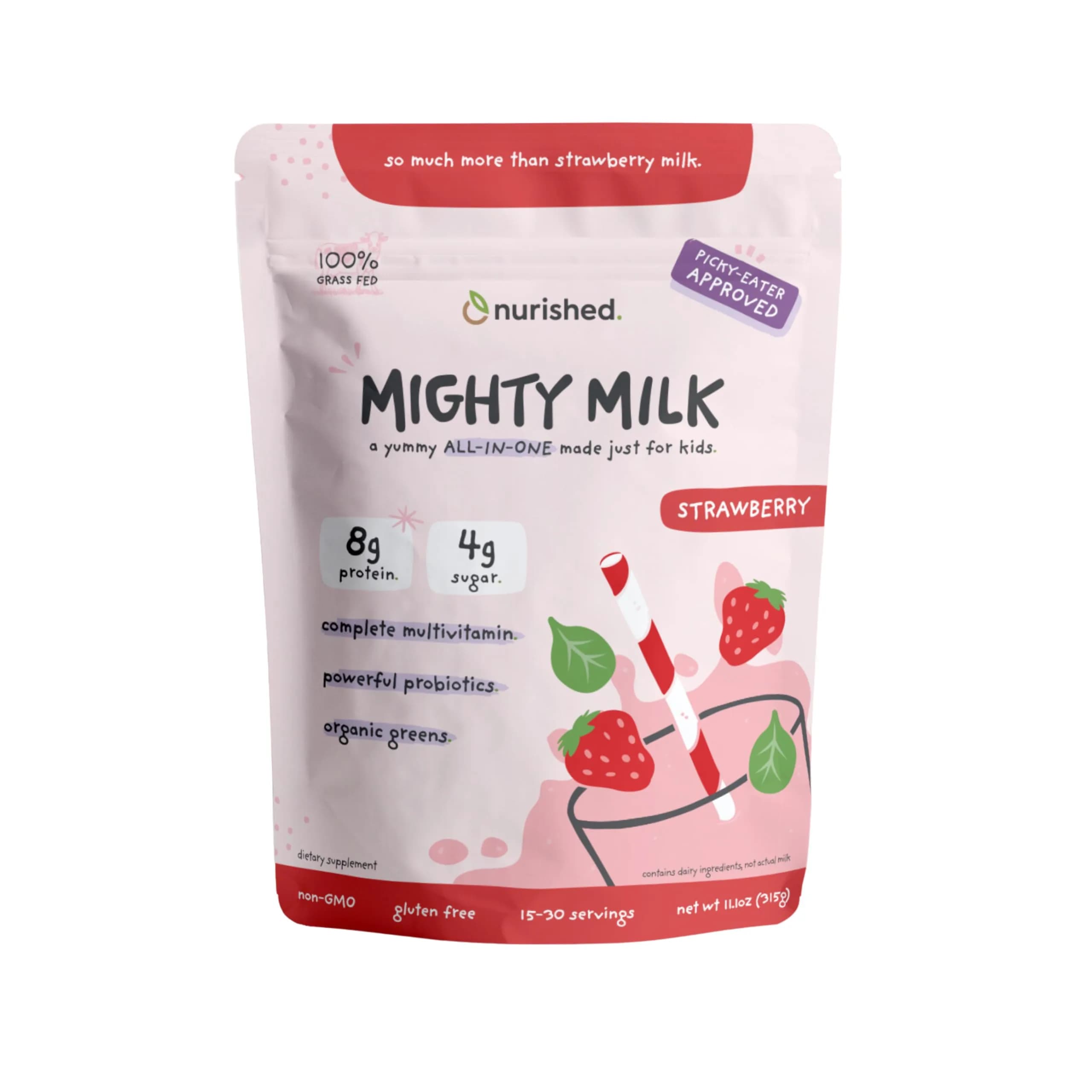 Nurished Mighty Strawberry Milk 11.1oz | Kids Daily Protein & Multivitamin with Probiotics
