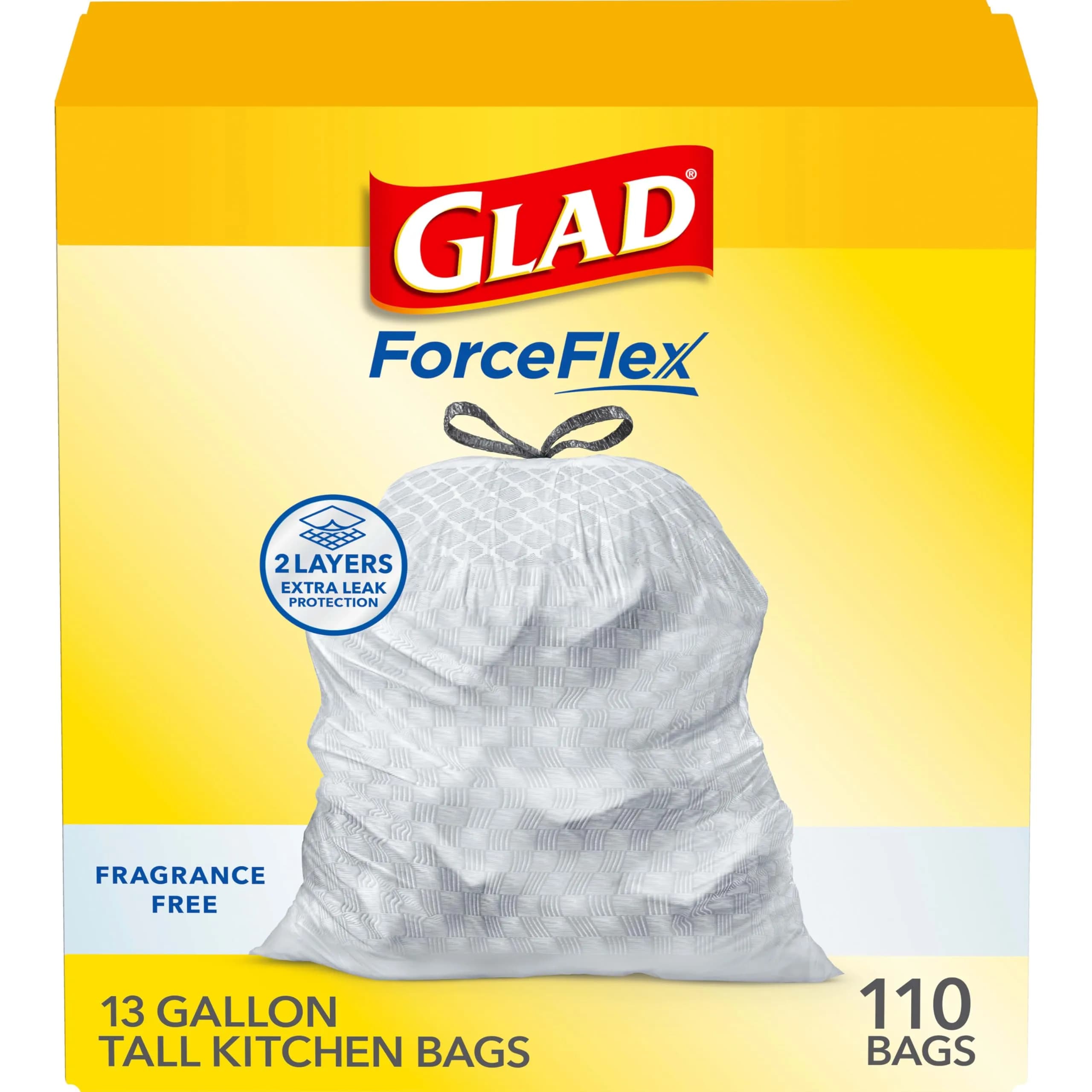 Glad ForceFlex Tall Kitchen Drawstring Trash Bags 13 Gal 110 Ct Fragrance Free | Strong Flexible Trash Bags, USA Import, Leak Protection - main product image
