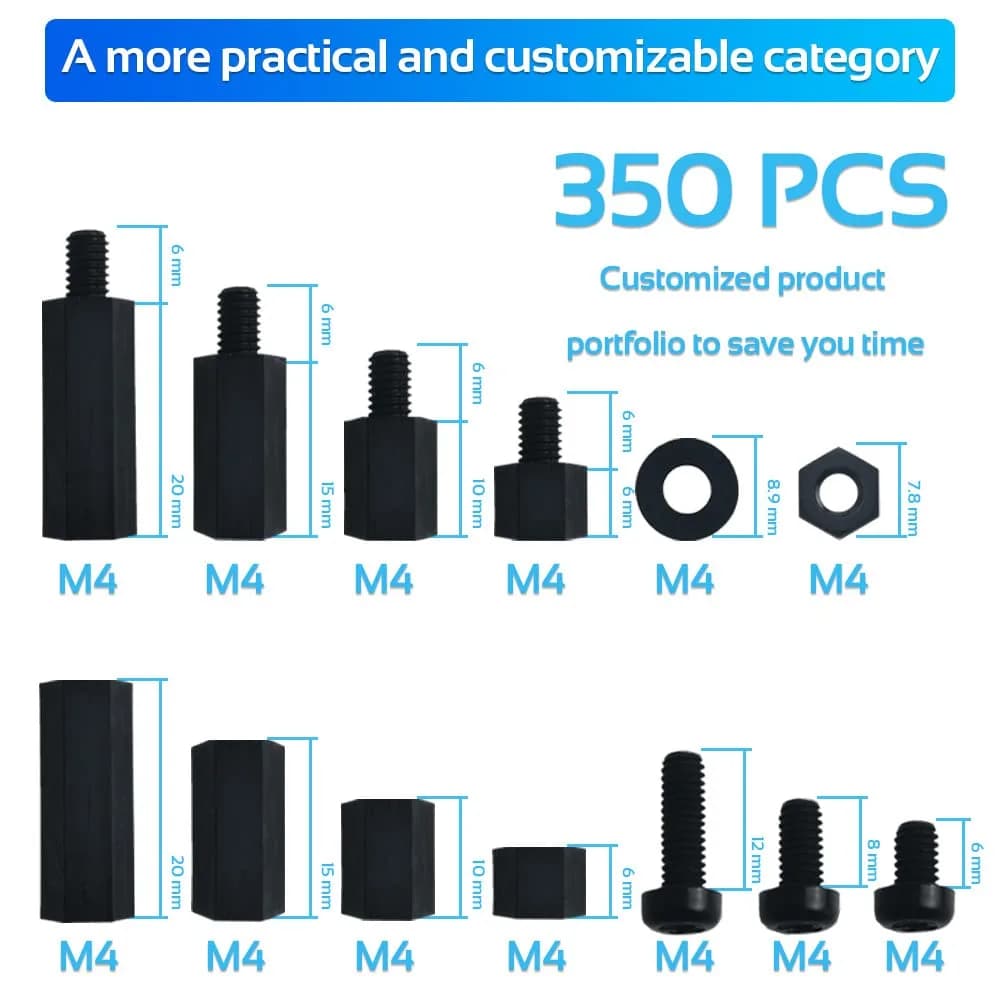 COMRUN M2.5 Black Nylon Hex Spacer Standoff Screw Nut Set Assortment Kit 350PCS | For PCB Motherboards & Raspberry Pi - view 2