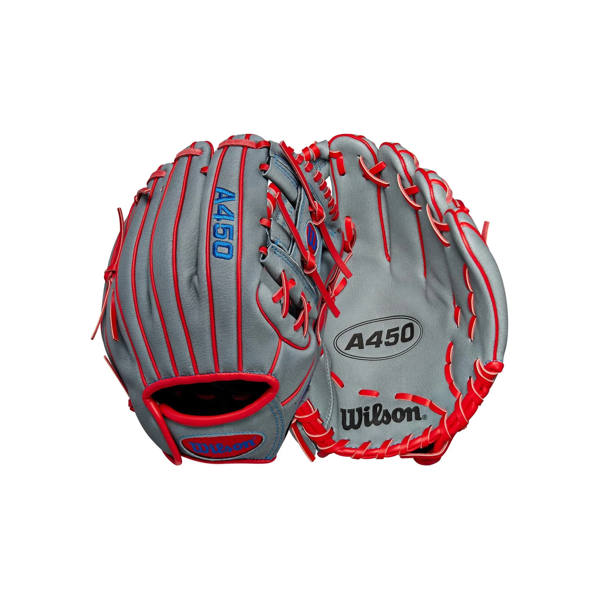Wilson A450 10.75” Youth Infield Baseball Glove - Right Hand Throw, Grey/Red/Royal | Lightweight Durability