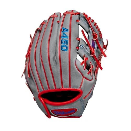Wilson A450 10.75” Youth Infield Baseball Glove - Right Hand Throw, Grey/Red/Royal | Lightweight Durability thumbnail 2
