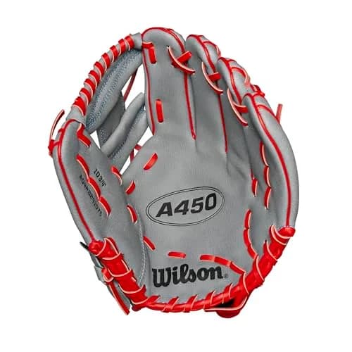 Wilson A450 10.75” Youth Infield Baseball Glove - Right Hand Throw, Grey/Red/Royal | Lightweight Durability thumbnail 3