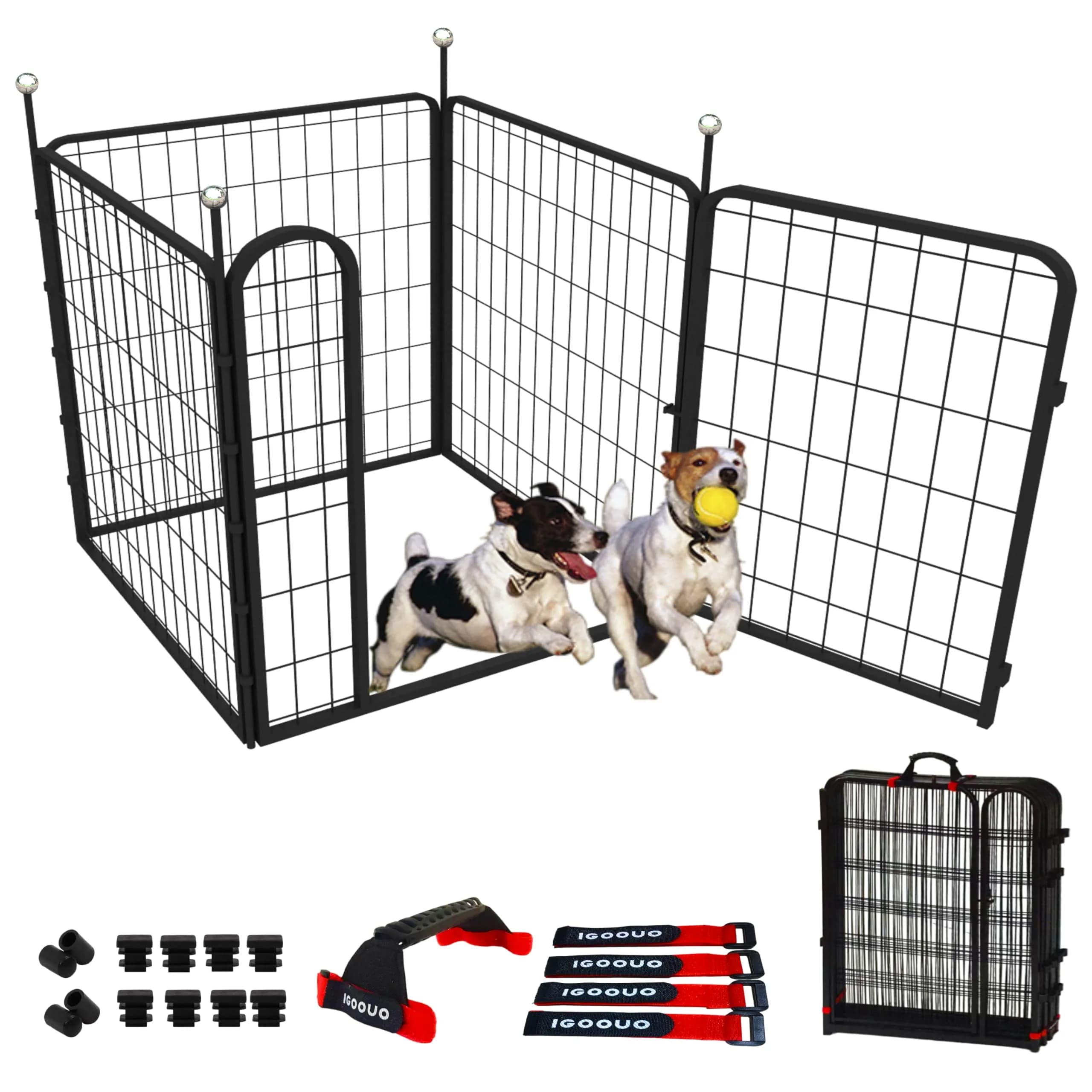 IGOOUO Portable Dog Crates & Playpen, 32'' Metal Pet Pen for Small/Medium Dogs | Indoor/Outdoor, Rustproof, Easy-Carry Straps — 4 Panels