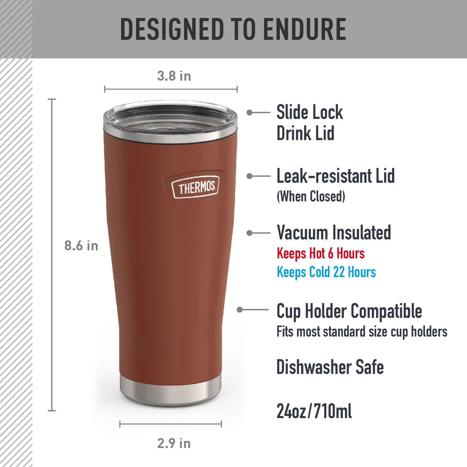 THERMOS Icon Series 24oz Stainless Steel Tumbler with Slide Lock Lid | 710ml (24 fl oz) Keeps Cold 22 Hrs - view 7