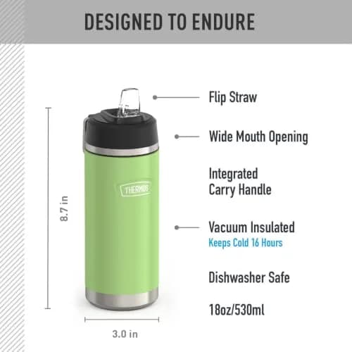 THERMOS ICON SERIES 18oz Lime Water Bottle | Keeps Drinks Cold 16h, Durable Stainless Steel, Straw Lid thumbnail 2