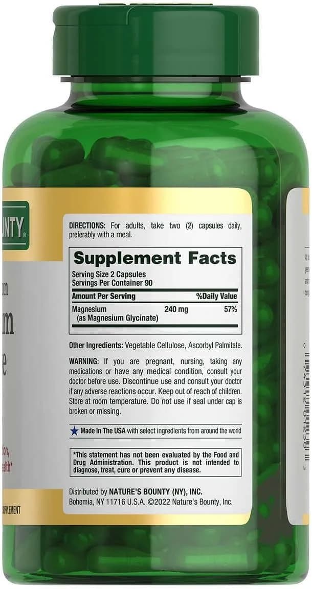 Nature's Bounty High Absorption Magnesium Glycinate 240mg 180 Capsules | Supports Muscle Relaxation, Bone, Heart, and Nerve Health - view 2