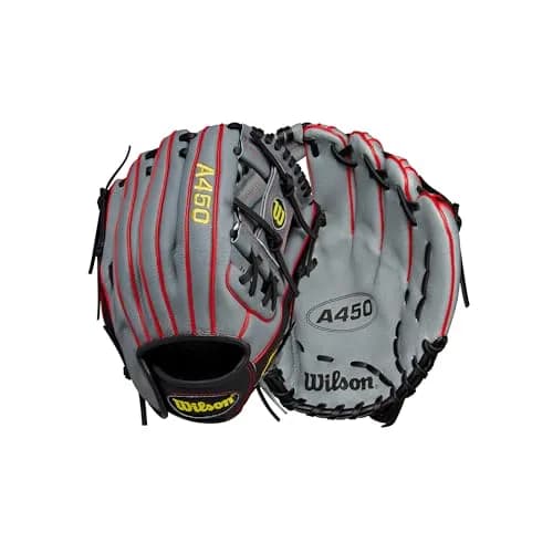 Wilson A450™ 11.5” Youth Infield Baseball Glove - Left Hand Throw, Grey/Black/Yellow | Game-Ready Feel for Young Fielders thumbnail 1