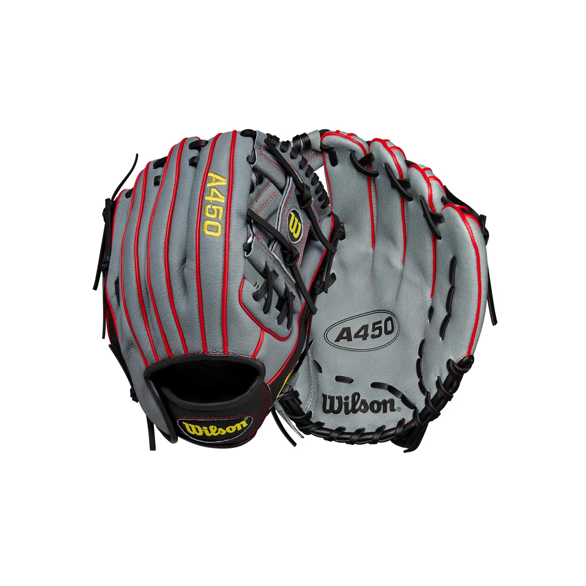 Wilson A450™ 11.5” Youth Infield Baseball Glove - Left Hand Throw, Grey/Black/Yellow | Game-Ready Feel for Young Fielders — Grey/Black/Yellow
