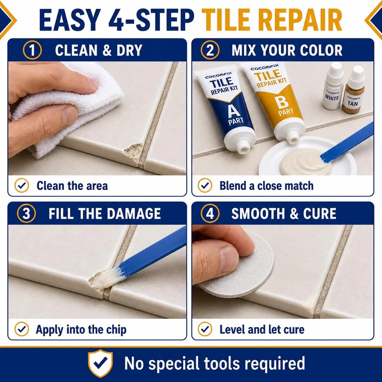cocomfix Tile Repair Kit - No. 10 Gold Filler for Porcelain & Ceramic Chips, Cracks & Holes (231g) - view 4