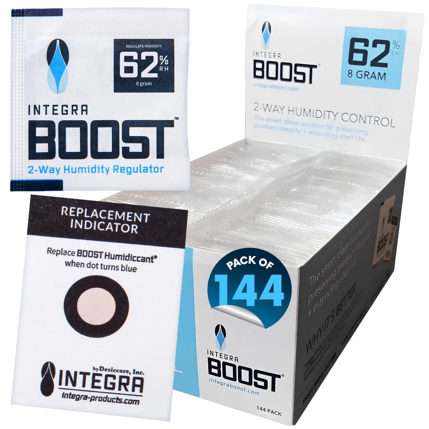 Integra Boost 62% RH 2-Way Humidity Control Packs 8g (144-Pack) | Maintains 62% RH for Herbs, Spices, Food Storage
