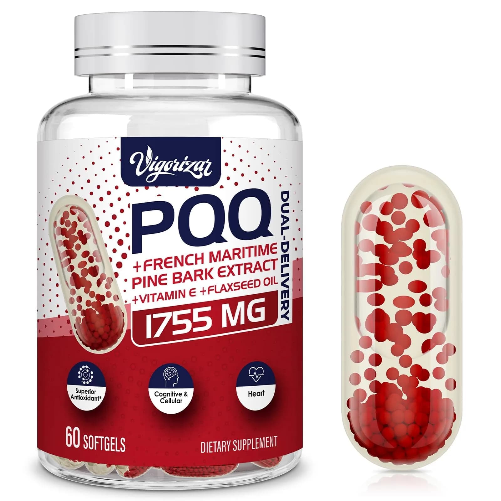 Vigorizar Pycnogeno with PQQ 60 Softgels | French Maritime Pine Bark Extract & Antioxidants