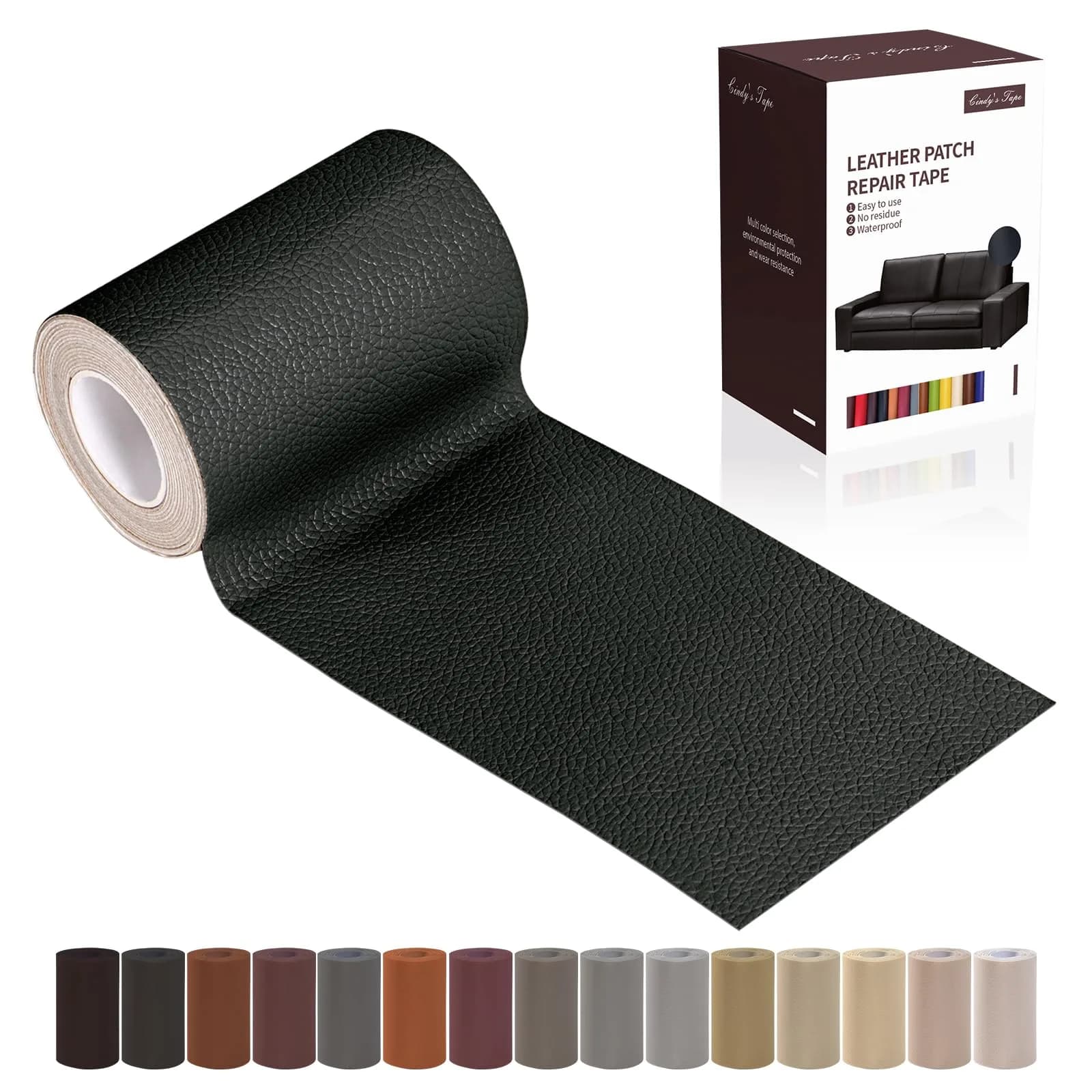 Cindy's Tape Leather Repair Patch Tape, Black 3 x 61 Inches | Self Adhesive Leather Fix for Furniture & Car Seats — Black
