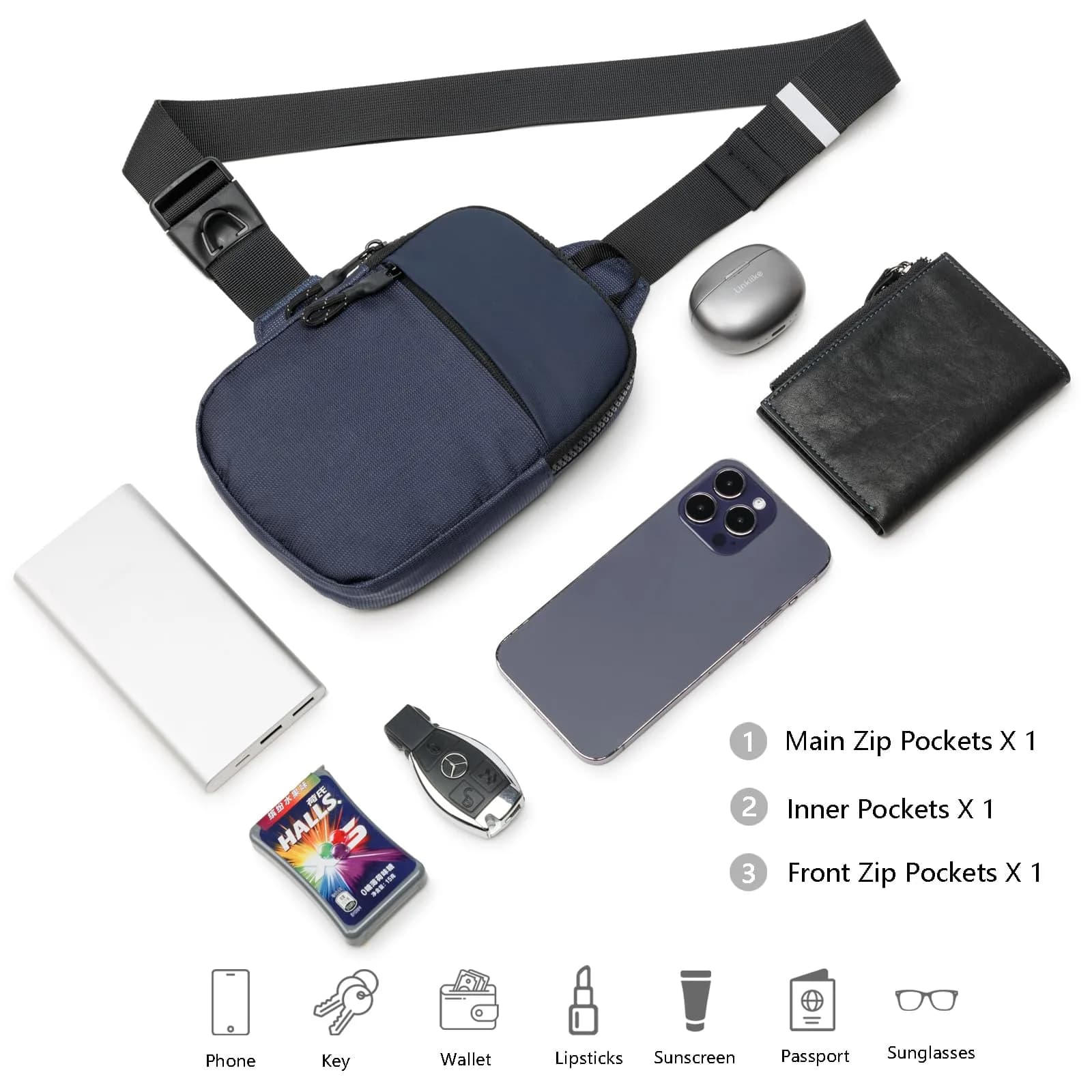 higouta Mini Waterproof Sling Bag for Men & Women, 5.3" x 8.1" x 1.2" | Navy Blue, Adjustable Strap - view 5