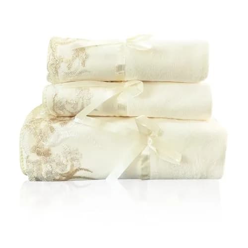 USTIDE Light Yellow Lace Bath Towels Set (3 Pieces) | Fluffy, Soft & Absorbent for Daily Use thumbnail 1