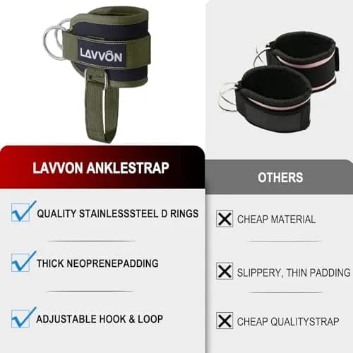 LAVVON Padded Ankle Straps for Cable Machines Kickbacks - Glute Workout Cuffs with Double D-Ring, Army Green (1 Pair) thumbnail 7