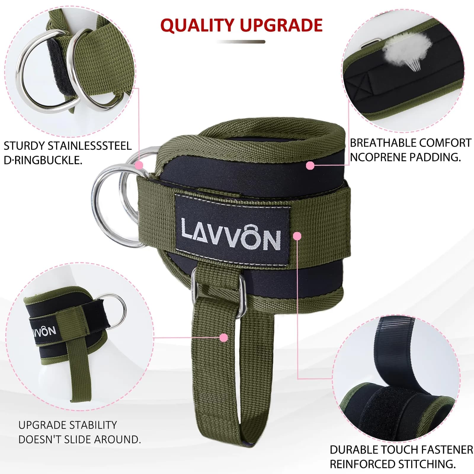 LAVVON Padded Ankle Straps for Cable Machines Kickbacks - Glute Workout Cuffs with Double D-Ring, Army Green (1 Pair) - view 3