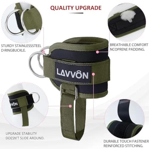 LAVVON Padded Ankle Straps for Cable Machines Kickbacks - Glute Workout Cuffs with Double D-Ring, Army Green (1 Pair) thumbnail 3