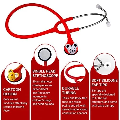 SCIAN Real Working Stethoscope Red | Interchangeable Cartoon Heads, Professional Quality for Doctors, Nurses, Clinicians thumbnail 3