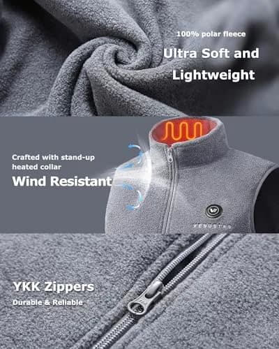 Venustas Men's Heated Fleece Vest with 6 Heating Zones & Battery Pack | Lightweight, 5X-Large, Gray, Winter thumbnail 4