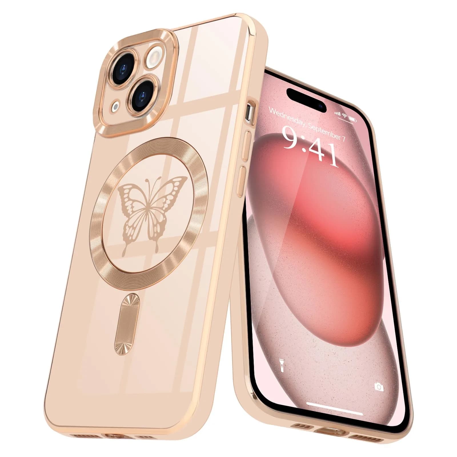 Lafunda Magnetic for iPhone 15 Pro Case Butterfly, Black | Stylish Shockproof TPU Cover with Magnetic Support — Pink / iPhone 15 Plus