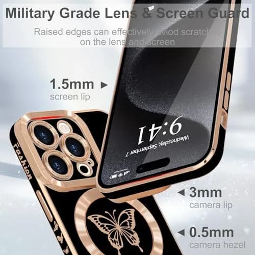 Lafunda Magnetic for iPhone 15 Pro Case Butterfly, Black | Stylish Shockproof TPU Cover with Magnetic Support thumbnail 3