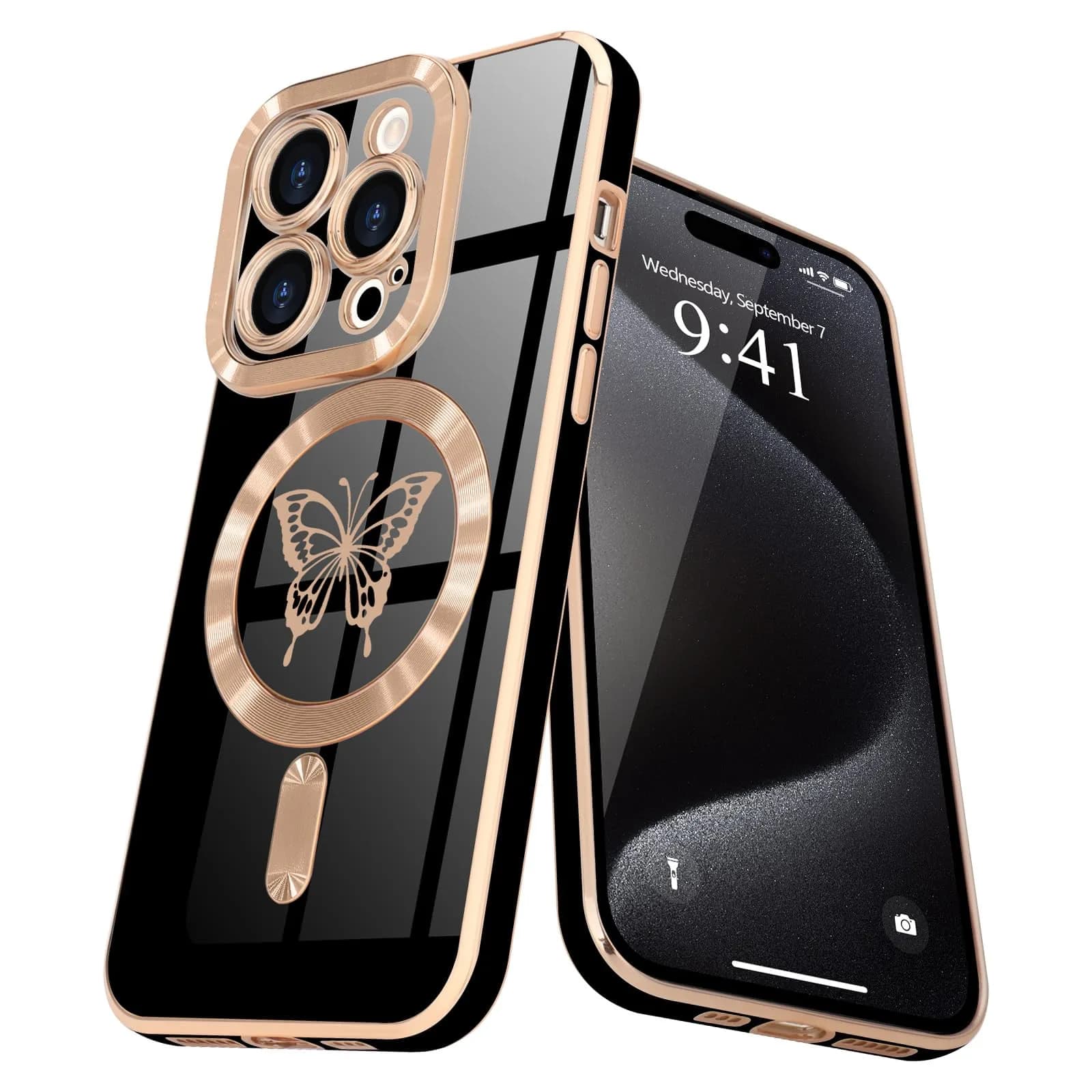 Lafunda Magnetic for iPhone 15 Pro Max Case Butterfly, Black | Stylish Shockproof TPU Cover with Magnetic Support - main product image