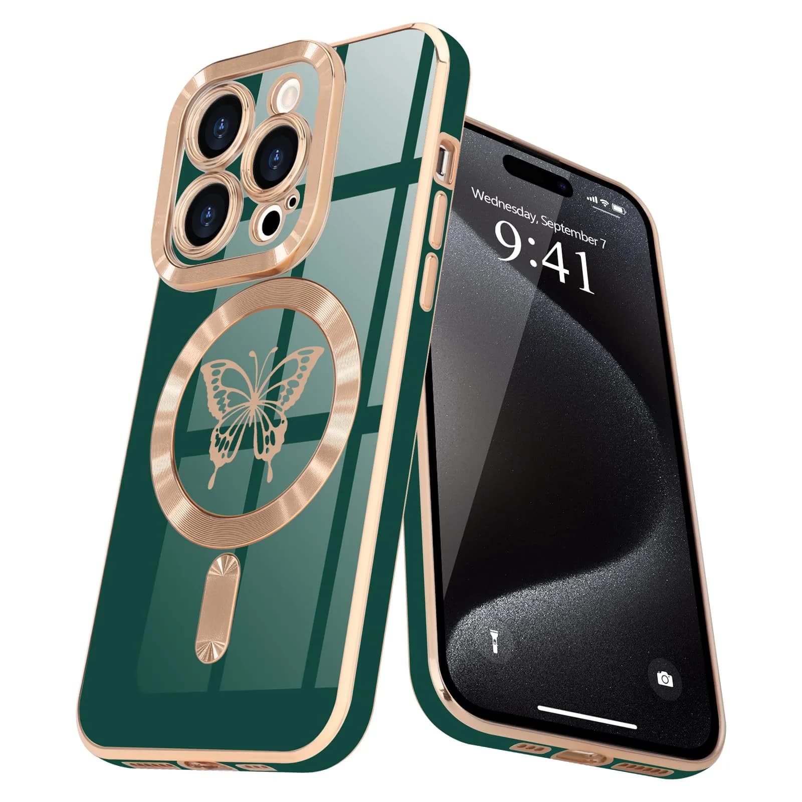 Lafunda Magnetic for iPhone 15 Pro Case Butterfly, Green | Support Wireless Charging & Full Camera Protection - main product image
