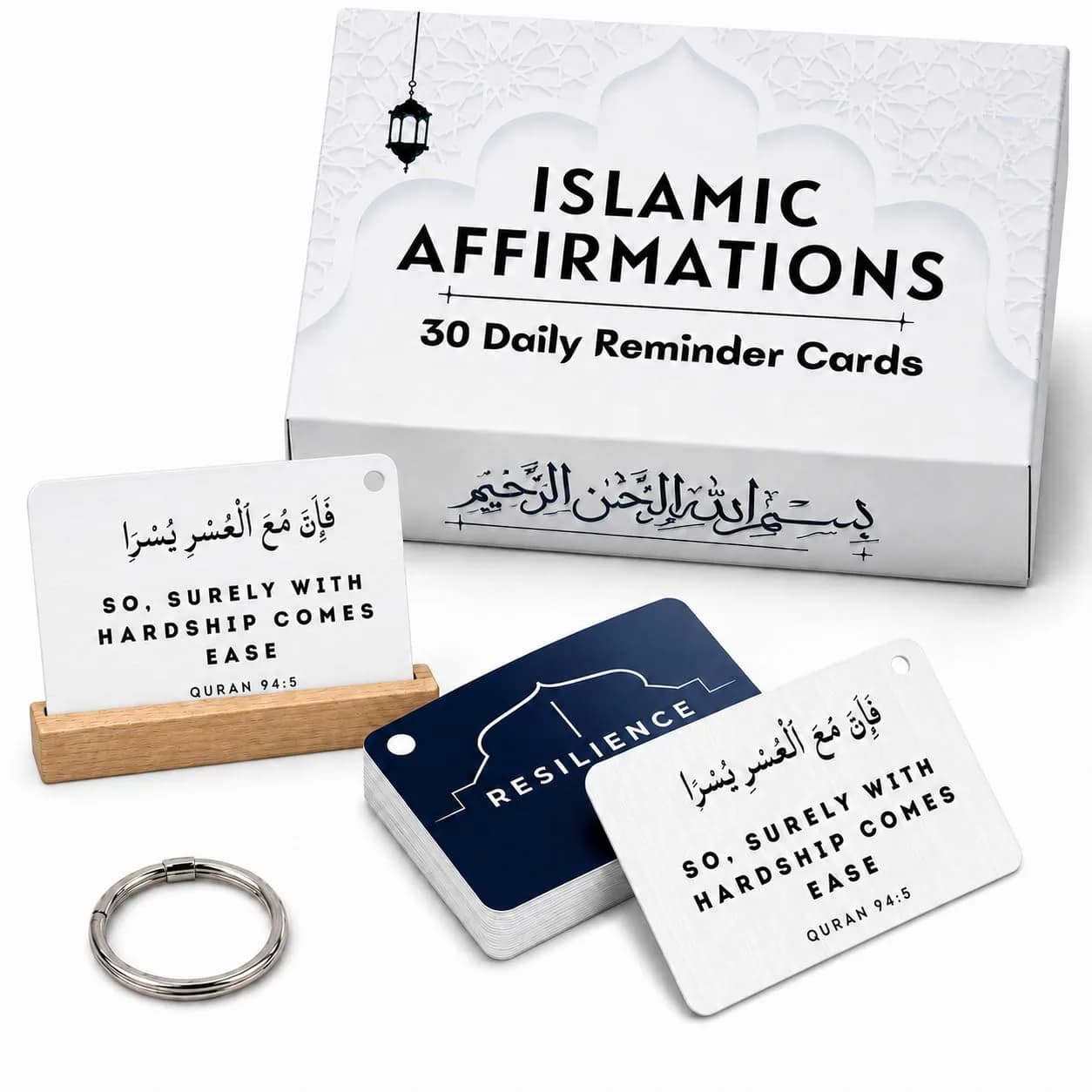 Zarf Limited Islamic Affirmations Cards (30 Daily Reminders) | Spiritual Quran Quotes, Durable 600gsm Paper, Portable Size — Blue and White Texture With Black and White Text
