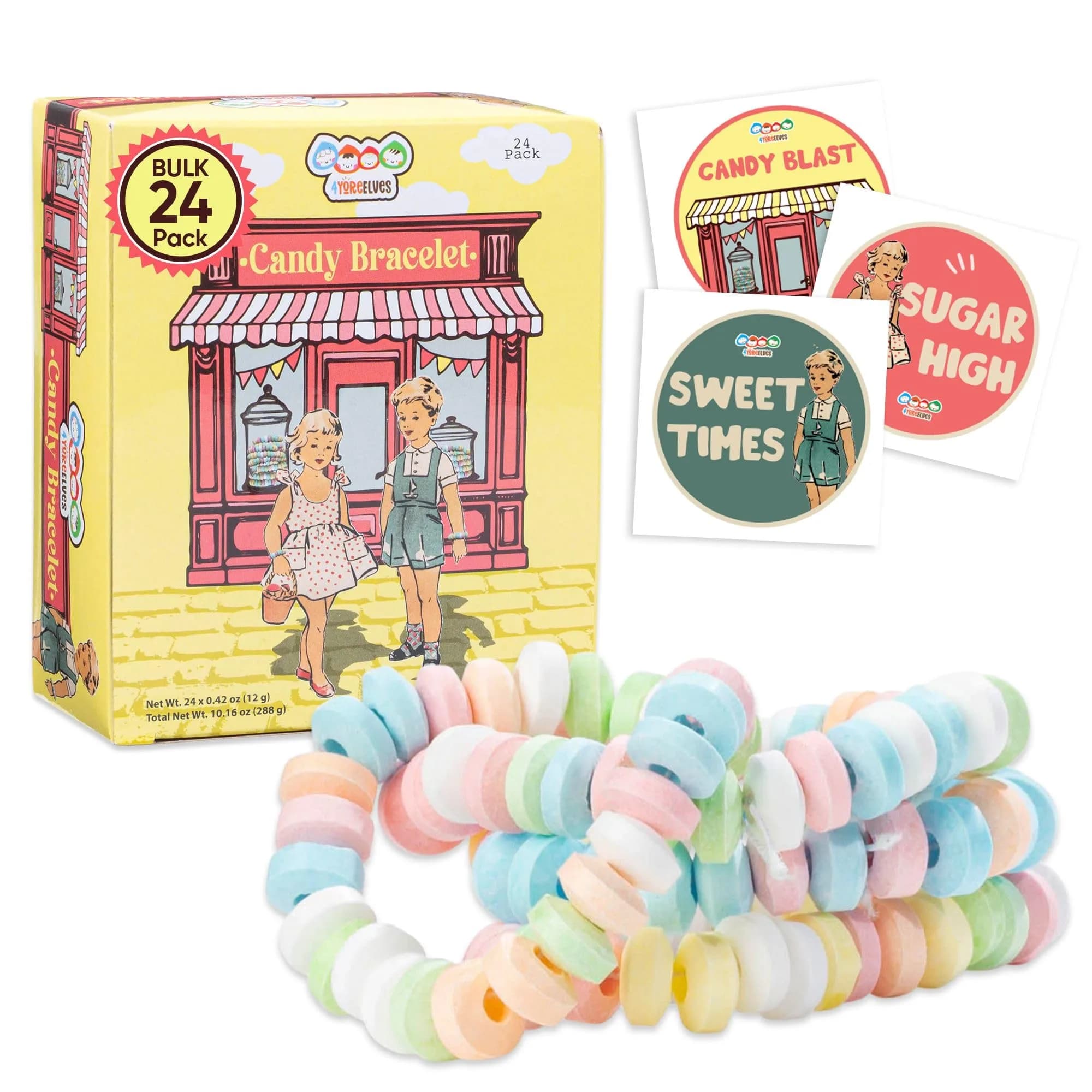 4YoreElves Candy Bracelets Individually Wrapped, Pack of 24 Pastel Candy Jewelry | Fun Retro Party Favors — Candy Bracelet