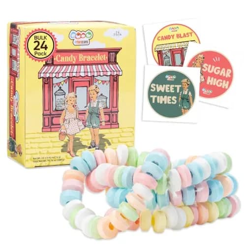 4YoreElves Candy Bracelets Individually Wrapped, Pack of 24 Pastel Candy Jewelry | Fun Retro Party Favors thumbnail 1