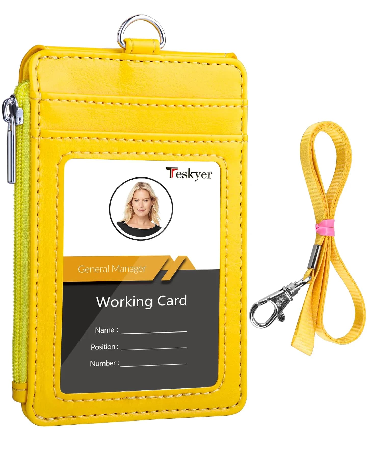 Teskyer Bright Yellow PU Leather ID Badge Holder with Lanyard & Zipper Pocket | 4 Card Slots, 1 Clear ID Window - main product image
