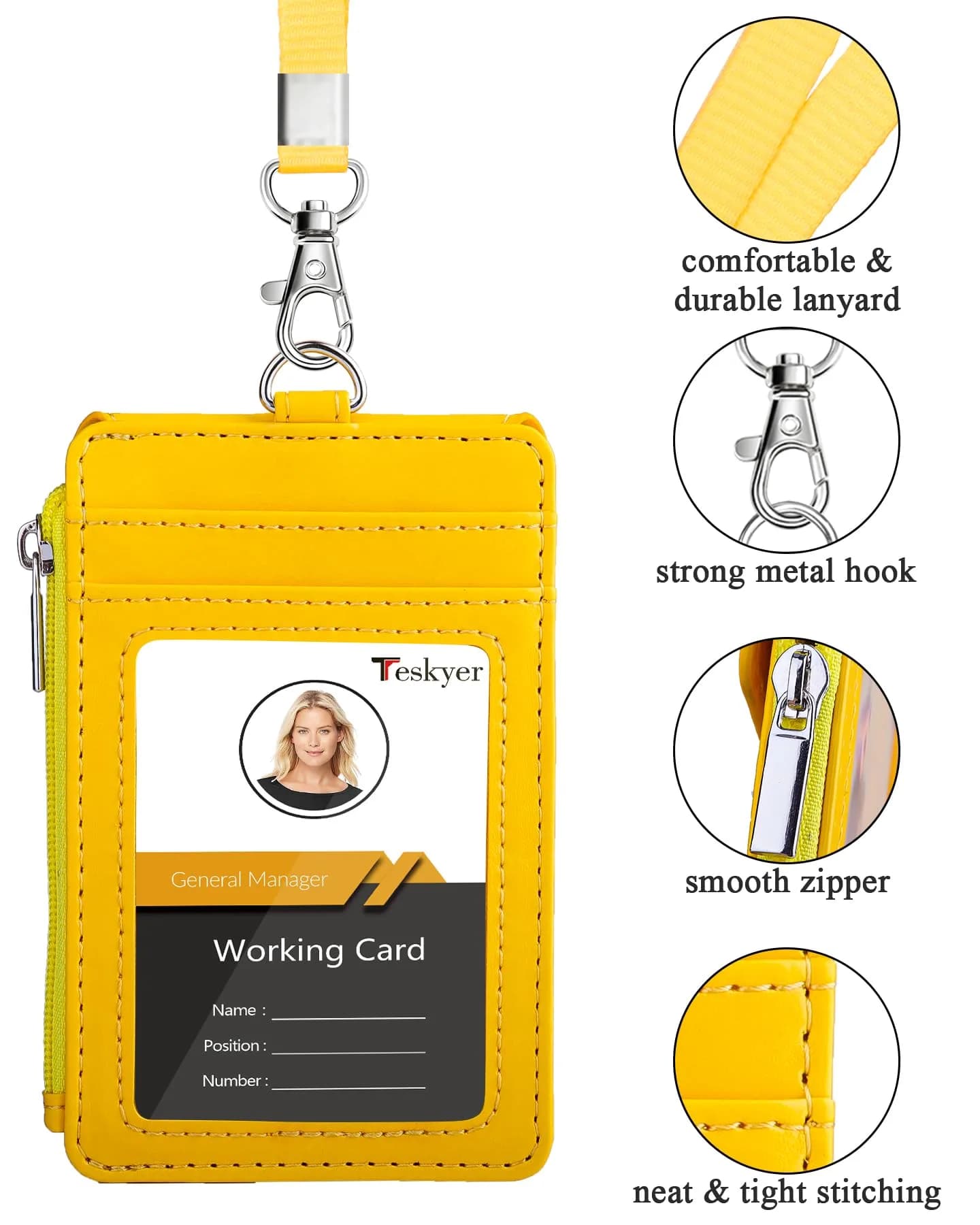 Teskyer Bright Yellow PU Leather ID Badge Holder with Lanyard & Zipper Pocket | 4 Card Slots, 1 Clear ID Window - view 2