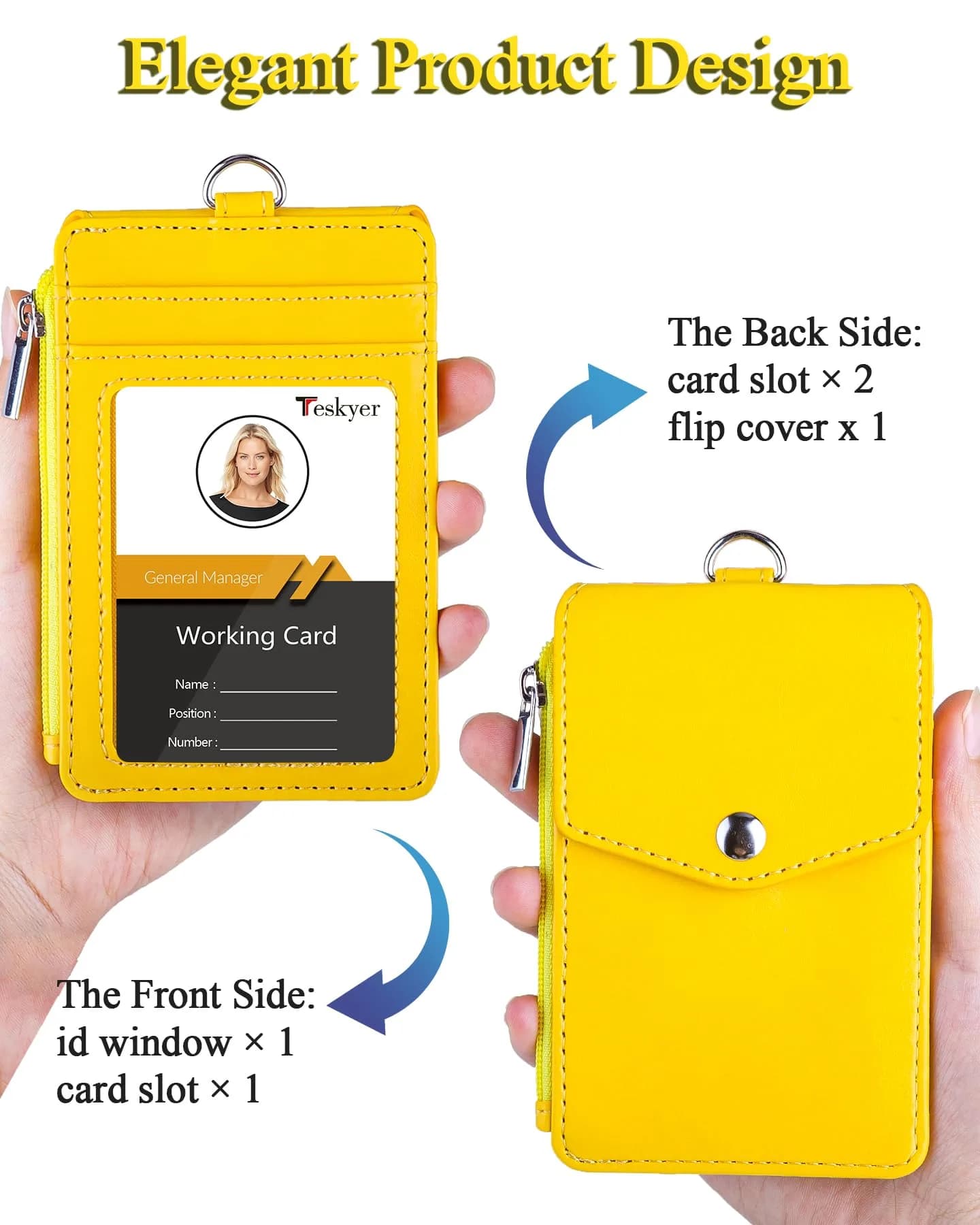 Teskyer Bright Yellow PU Leather ID Badge Holder with Lanyard & Zipper Pocket | 4 Card Slots, 1 Clear ID Window - view 3