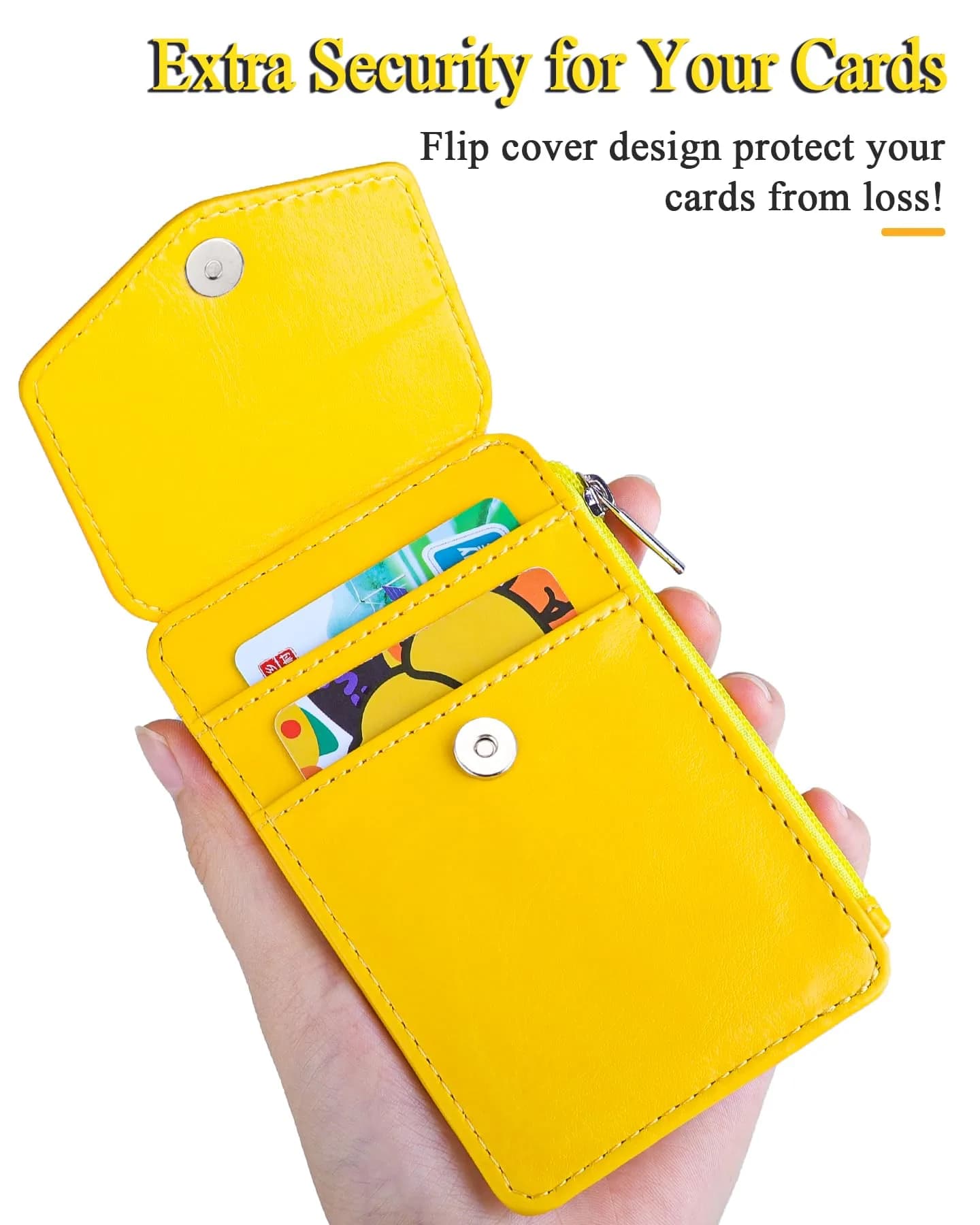 Teskyer Bright Yellow PU Leather ID Badge Holder with Lanyard & Zipper Pocket | 4 Card Slots, 1 Clear ID Window - view 4