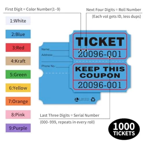 L LIKED Raffle Tickets Double Rolls 1000 Pairs Blue | Easy Separation & Clear Numbering for Events thumbnail 2