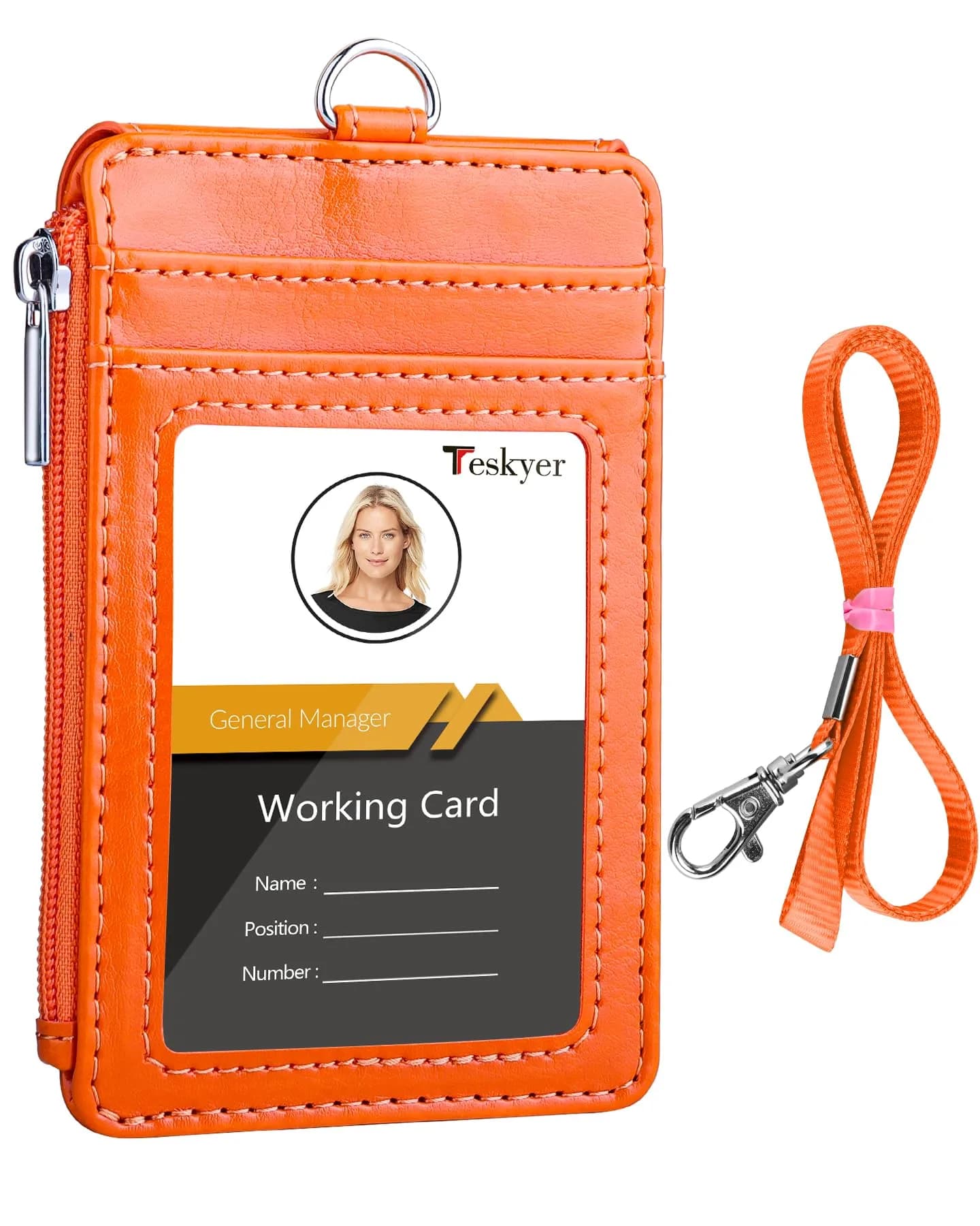 Teskyer Bright Orange PU Leather ID Badge Holder with Lanyard & Zipper Pocket | 4 Card Slots, 1 Clear ID Window - main product image