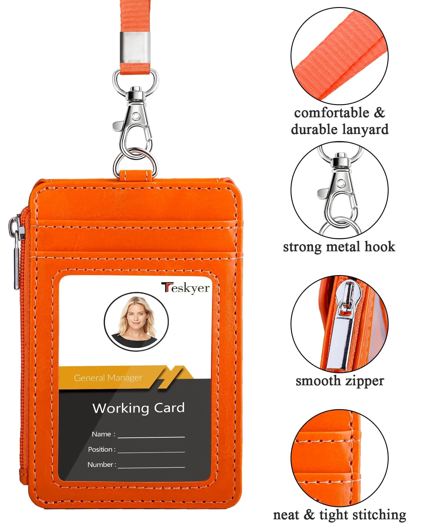 Teskyer Bright Orange PU Leather ID Badge Holder with Lanyard & Zipper Pocket | 4 Card Slots, 1 Clear ID Window - view 2