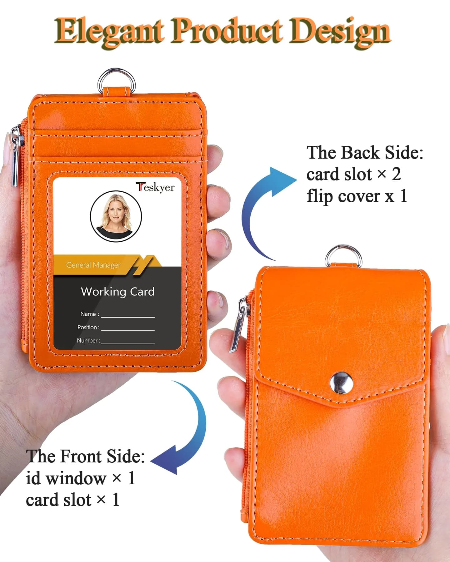 Teskyer Bright Orange PU Leather ID Badge Holder with Lanyard & Zipper Pocket | 4 Card Slots, 1 Clear ID Window - view 3