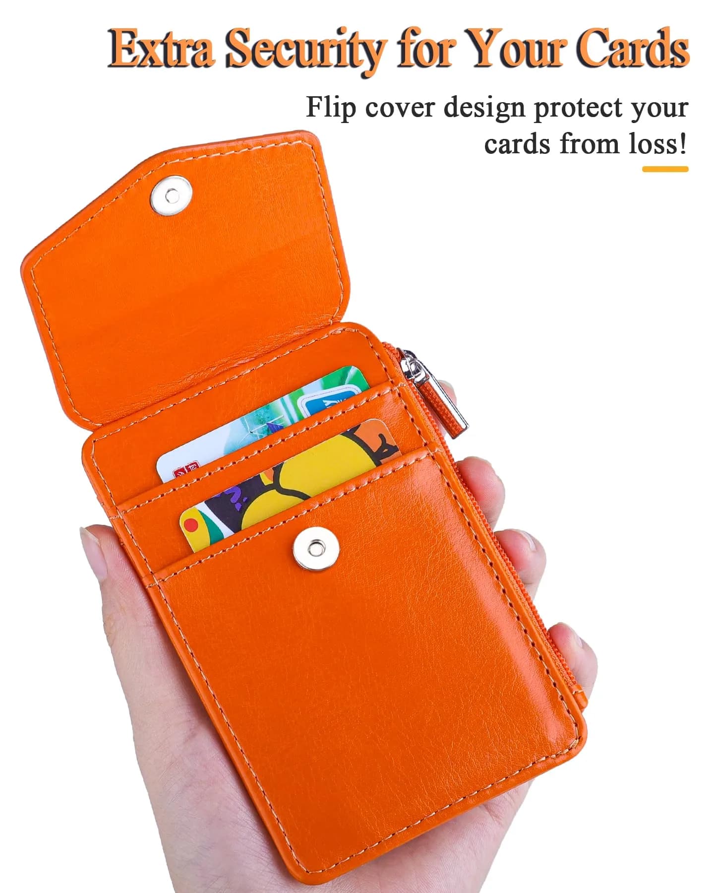 Teskyer Bright Orange PU Leather ID Badge Holder with Lanyard & Zipper Pocket | 4 Card Slots, 1 Clear ID Window - view 4