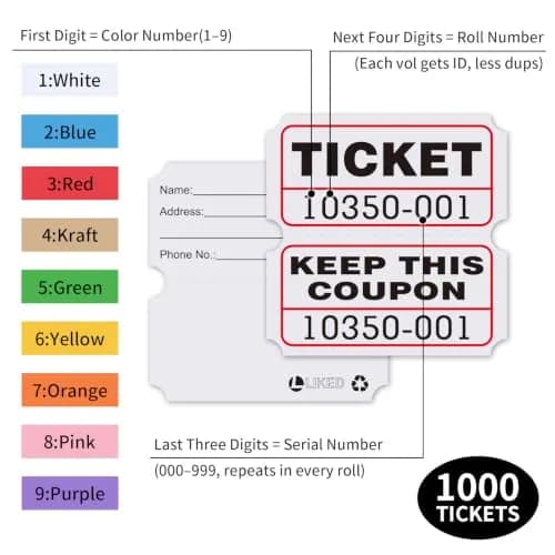 L LIKED White Raffle Tickets 2" x 2", Double Roll, 1000 Pairs/Roll | Consecutive Numbering for Easy Verification thumbnail 3