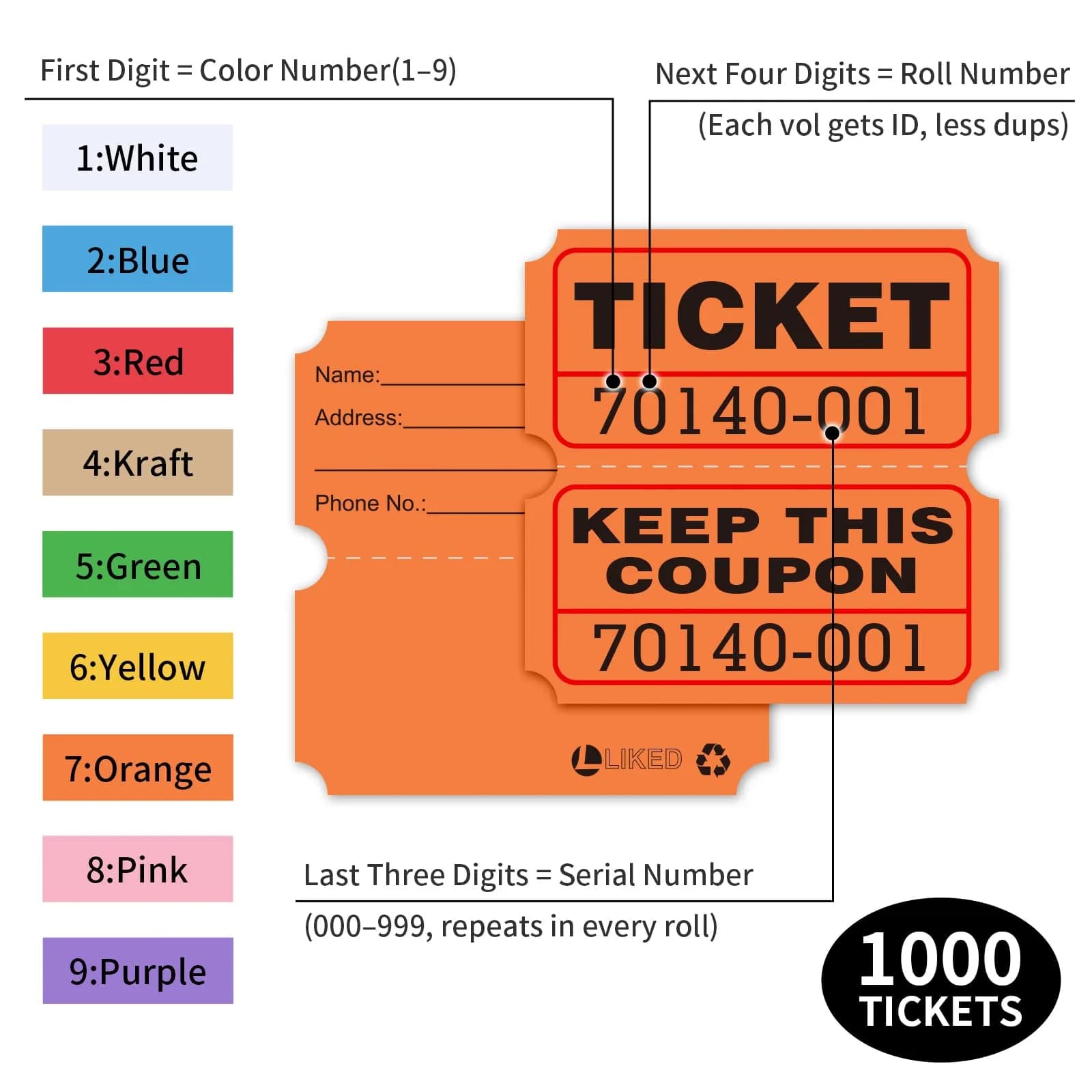 L LIKED Raffle Tickets Double Rolls Orange 1000 Pairs | Consecutive Numbering for Events - view 2