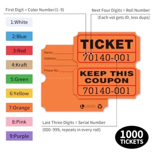 L LIKED Orange Raffle Tickets 2" x 2", Double Roll, 1000 Pairs/Roll | Consecutively Numbered for Easy Event Management thumbnail 2