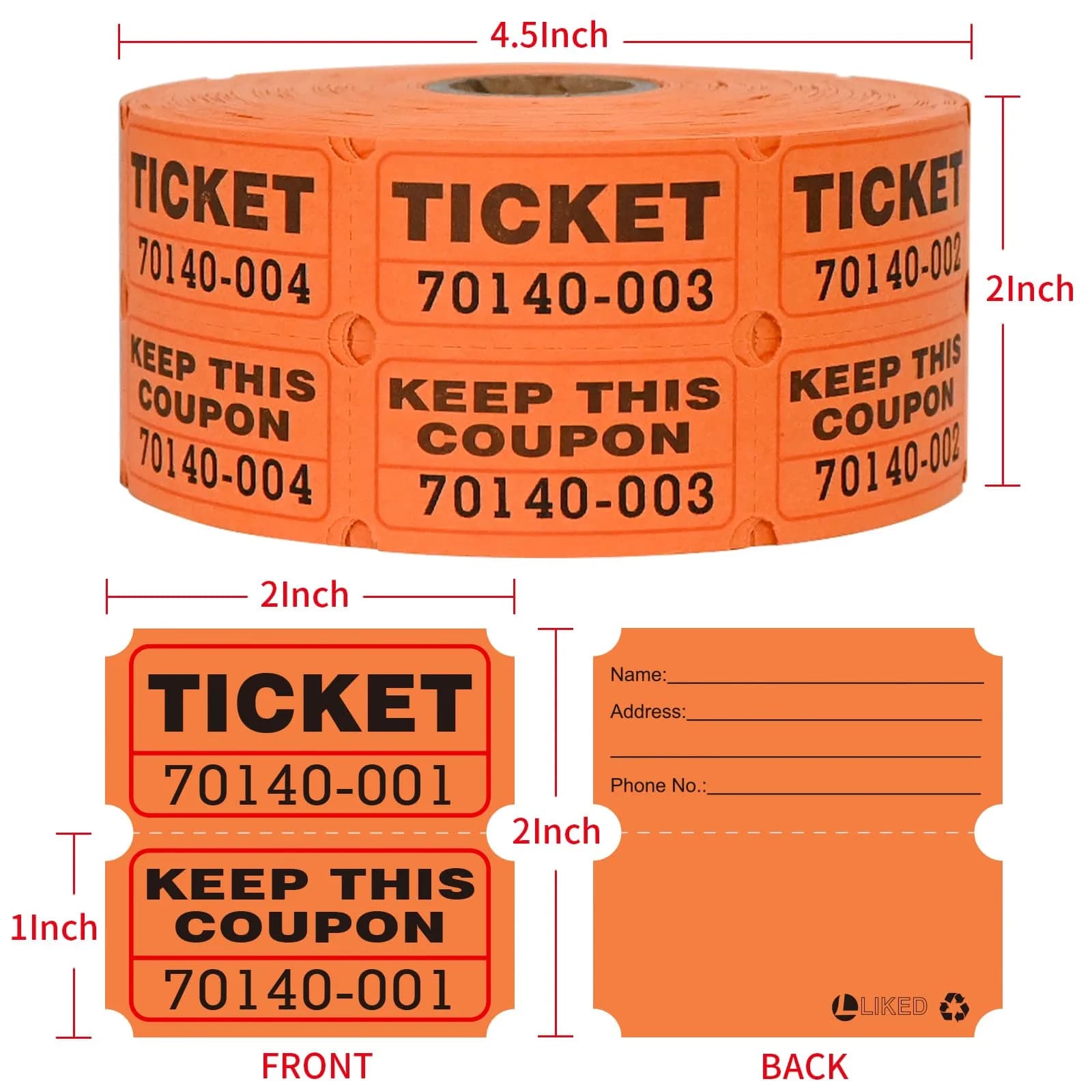 L LIKED Raffle Tickets Double Rolls Orange 1000 Pairs | Consecutive Numbering for Events - view 3