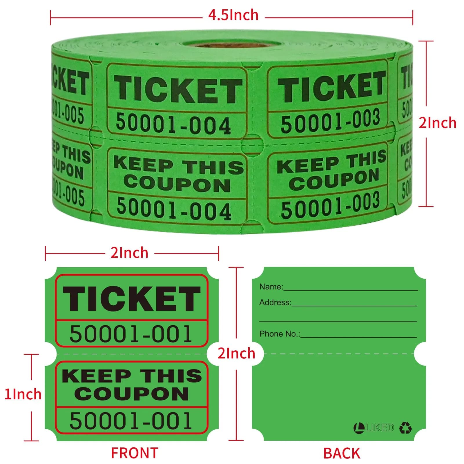 L LIKED Raffle Tickets Double Roll (1000 Green Pairs) | Consecutive Numbered 50/50 Draw Tickets for Events - view 3